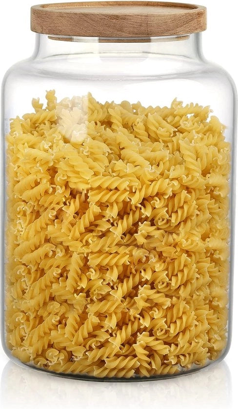 Contenitori di Stoccaggio in Vetro Borosilicato 4,5L con Coperchio in Legno di Acacia; Set di 2 Contenitori di Stoccaggio per Biscotti, Avena, Farina, Muesli