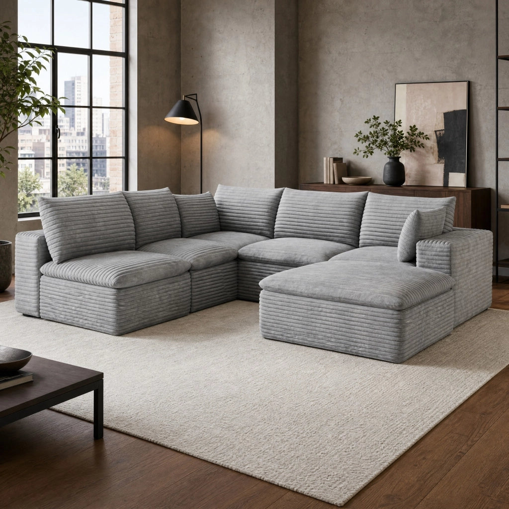 Divano modulare in tessuto grigio con imbottitura in schiuma e design componibile