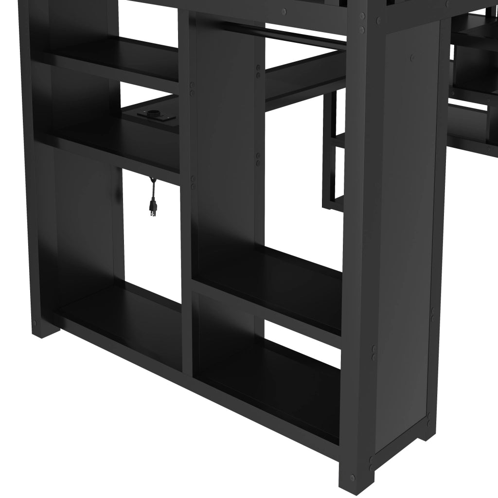 Letto a soppalco gaming 140x200 cm con scrivania; guardaroba aperto; scala contenitore; LED e USB; metallo nero