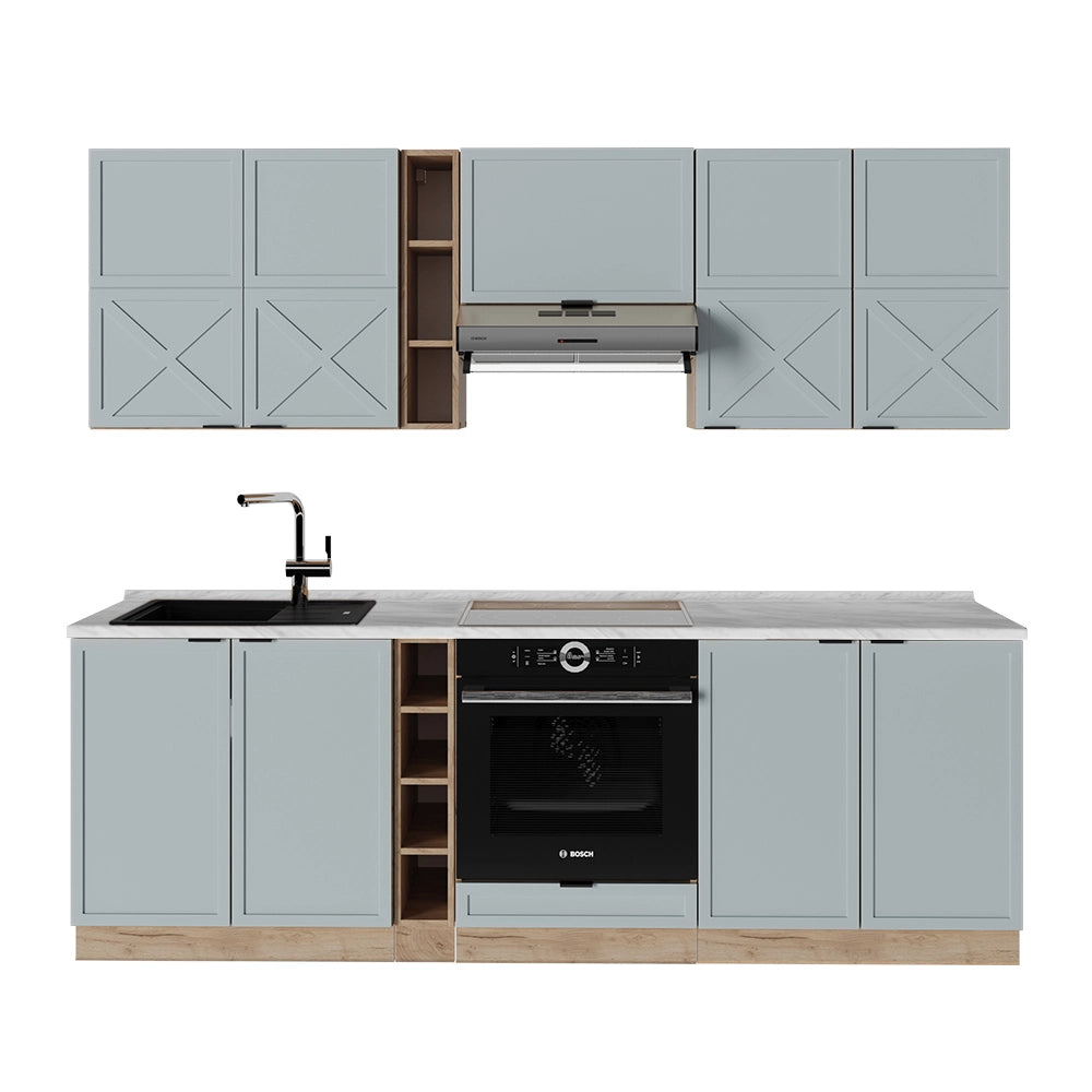Cucina componibile Fame-Line Blu-grigio chiaro/Rovere dorato 235 cm, PL Marmo Vicco