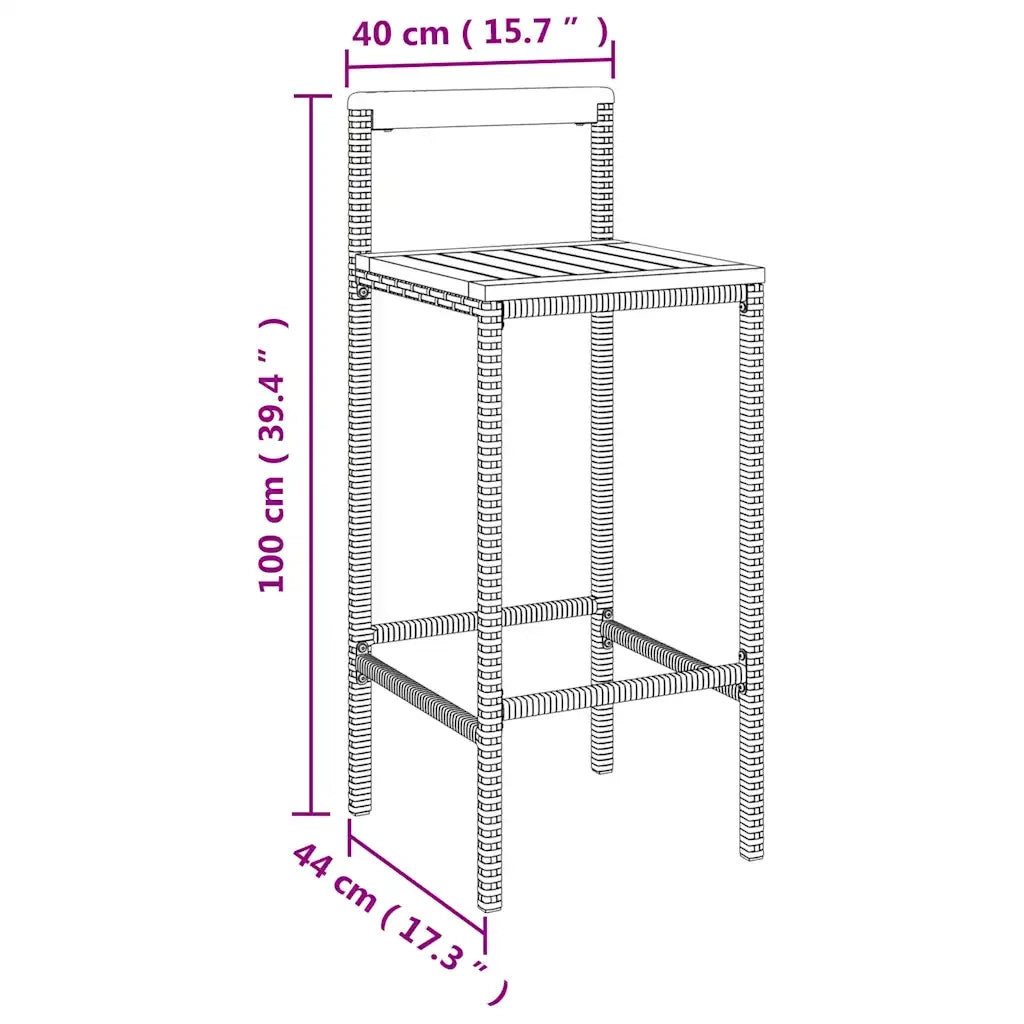 Set Bar Giardino 3 pz Nero Polyrattan e Legno Massello Acacia