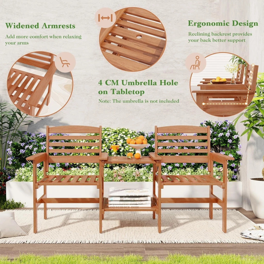 Set di salotto da giardino in un pezzo, in legno massello, 1 tavolo con foro per ombrelloni e 2 poltrone, mobili da esterno per cortile, patio, terrazza, carico 120 kg, naturale