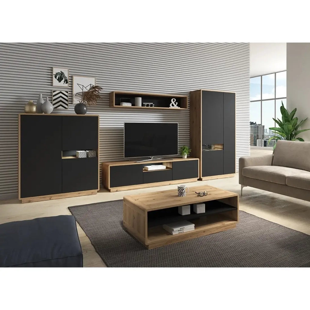 Credenza alta collezione VILLA. Colore quercia e nero. 3 porte e 1 nicchia illuminata.