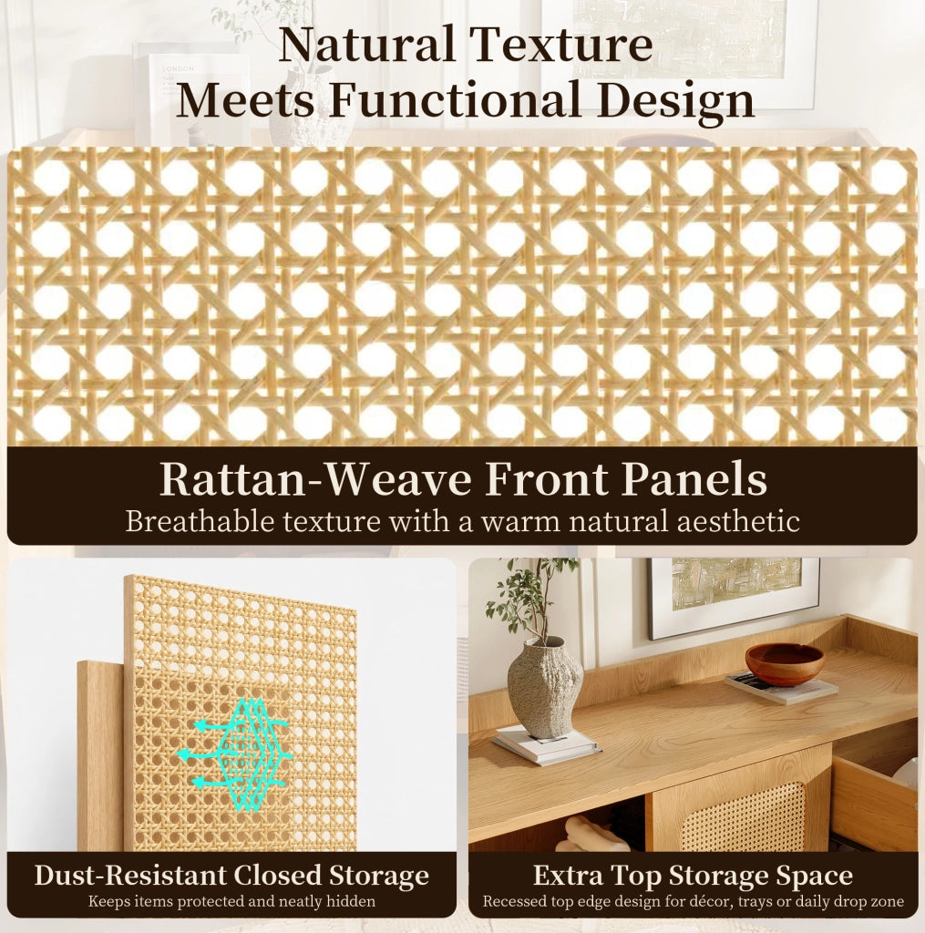 Credenza con fronti effetto rattan 120x40x91 cm in MDF colore rovere; con 3 ante e 1 cassetto