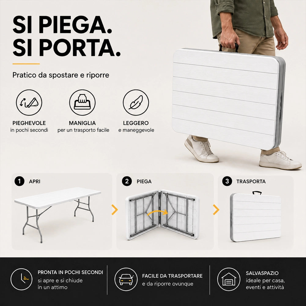 Tavolo Pieghevole Bianco Effetto Legno Resistente Tavolino Esterno 180x74x74cm