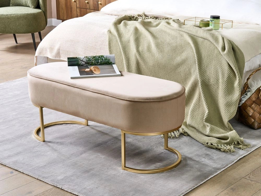Panca imbottita beige con gambe in metallo dorato glamour soggiorno camera da letto