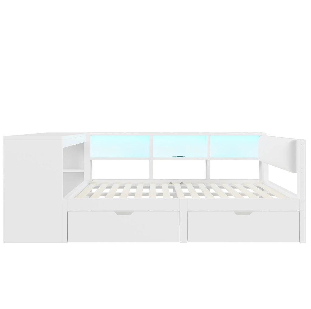 Letto 140x200 cm con contenitore; presa USB e LED in MDF; compensato; lino bianco