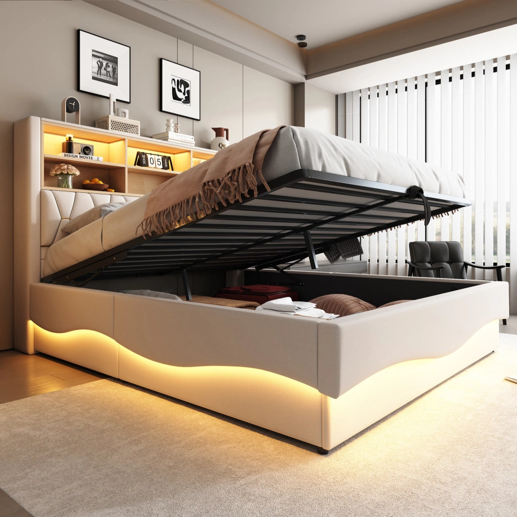 Letto Contenitore 180x200 cm Matrimoniale; LED; USB; con Testiera; in Ferro e Lino Beige