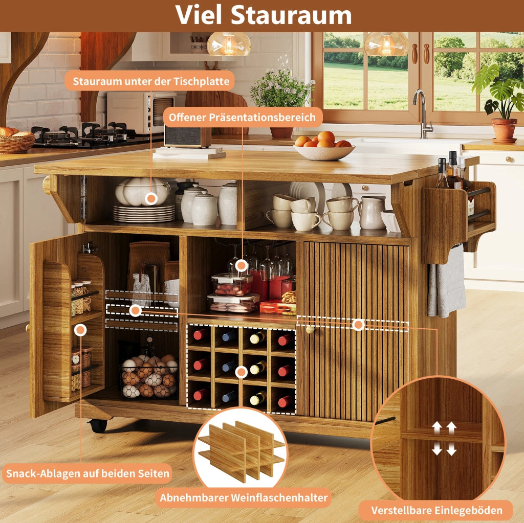 Isola da cucina mobile con piani ribaltabili, marrone scuro