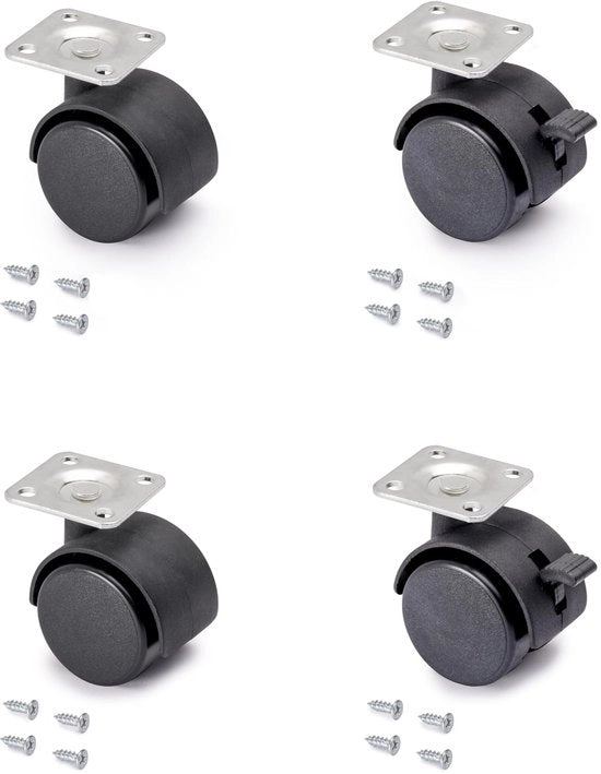 Set di 4 ruote di regolazione nere per mobili, con 2 senza freno, diametro 40 mm, con piatto a viti e bielle a rulli
