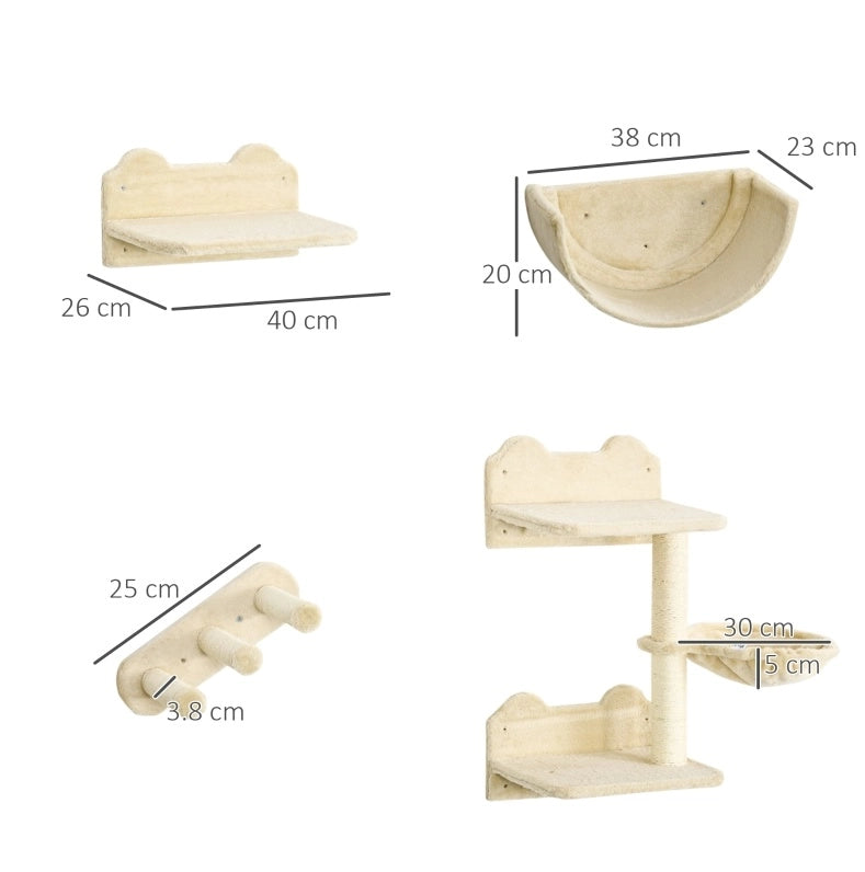 Parete tiragraffi per gatti beige a 4 elementi con piattaforme e amaca