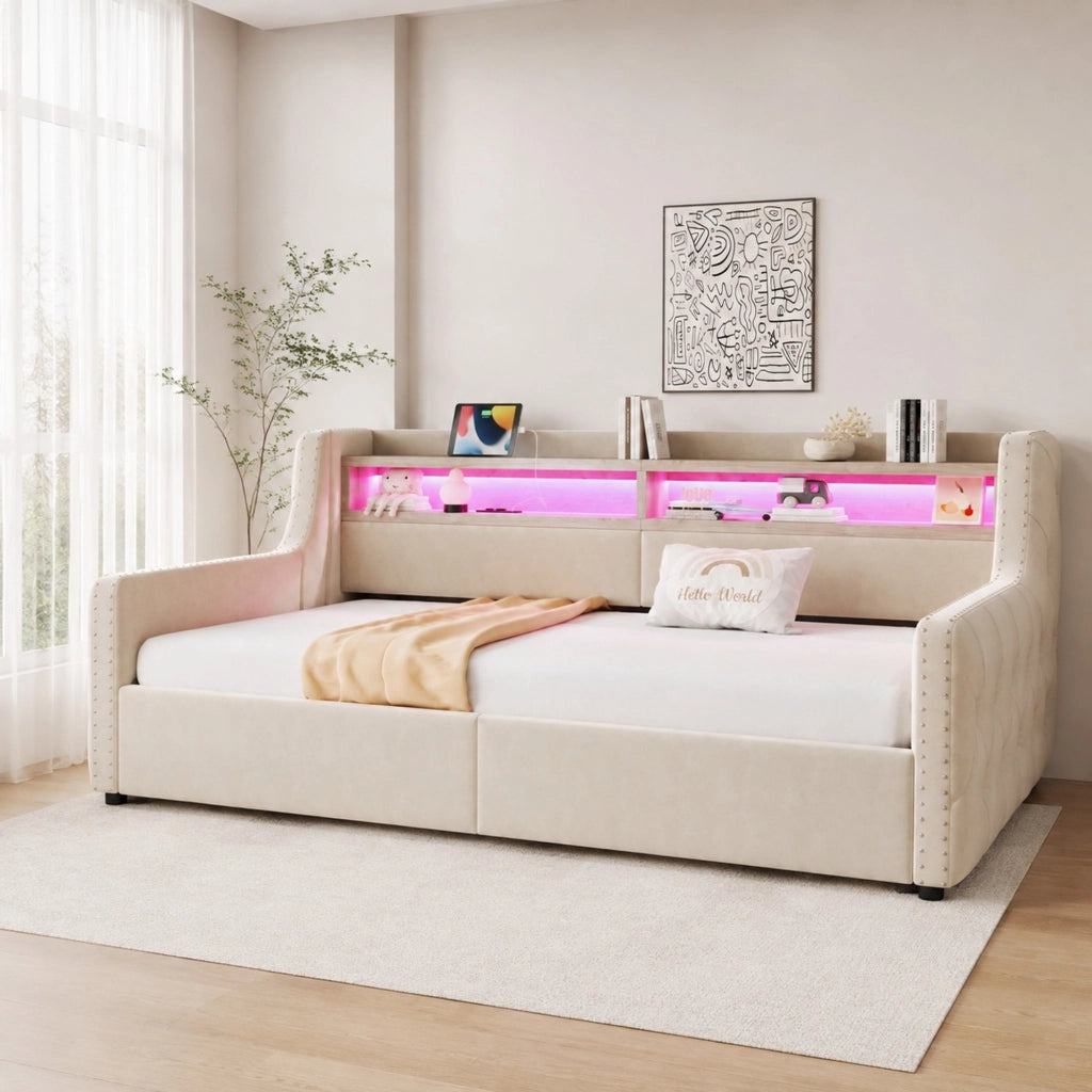 Divano letto imbottito 90 x 200 cm con contenitore idraulico, rete a doghe e LED, beige