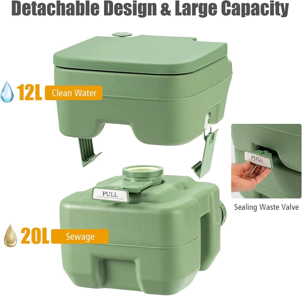 GIANTEX WC portatile da campeggio con serbatoio d'acqua dolce 12 litri e serbatoio dell'acqua di scarico 20 l, smontabile, interno ed esterno, per campeggio pesca viaggio barca (verde)