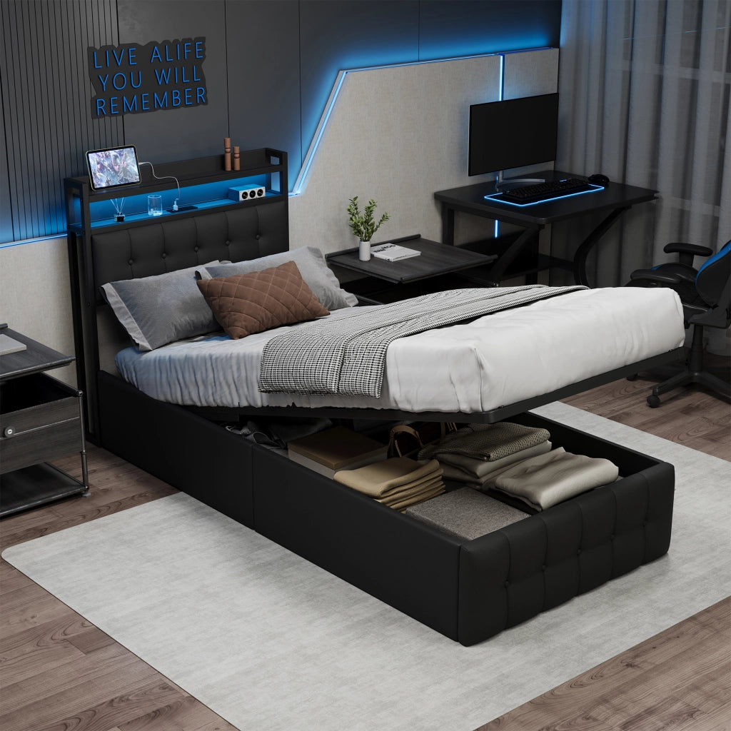 Letto singolo 90x200 cm con contenitore LED USB testiera struttura letto MDF e PU - nero
