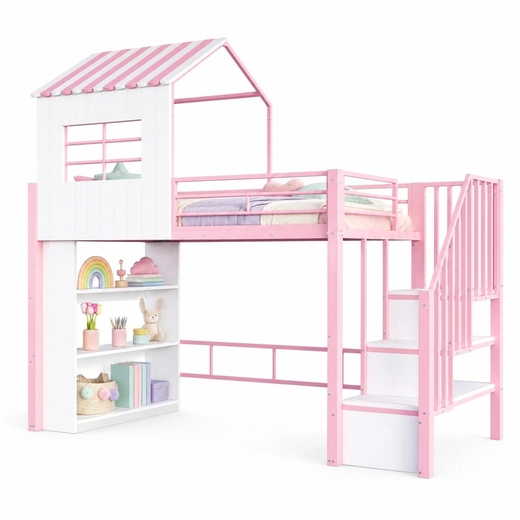 Letto a soppalco multifunzione 90x200 cm con scala contenitore e ripiani; rosa