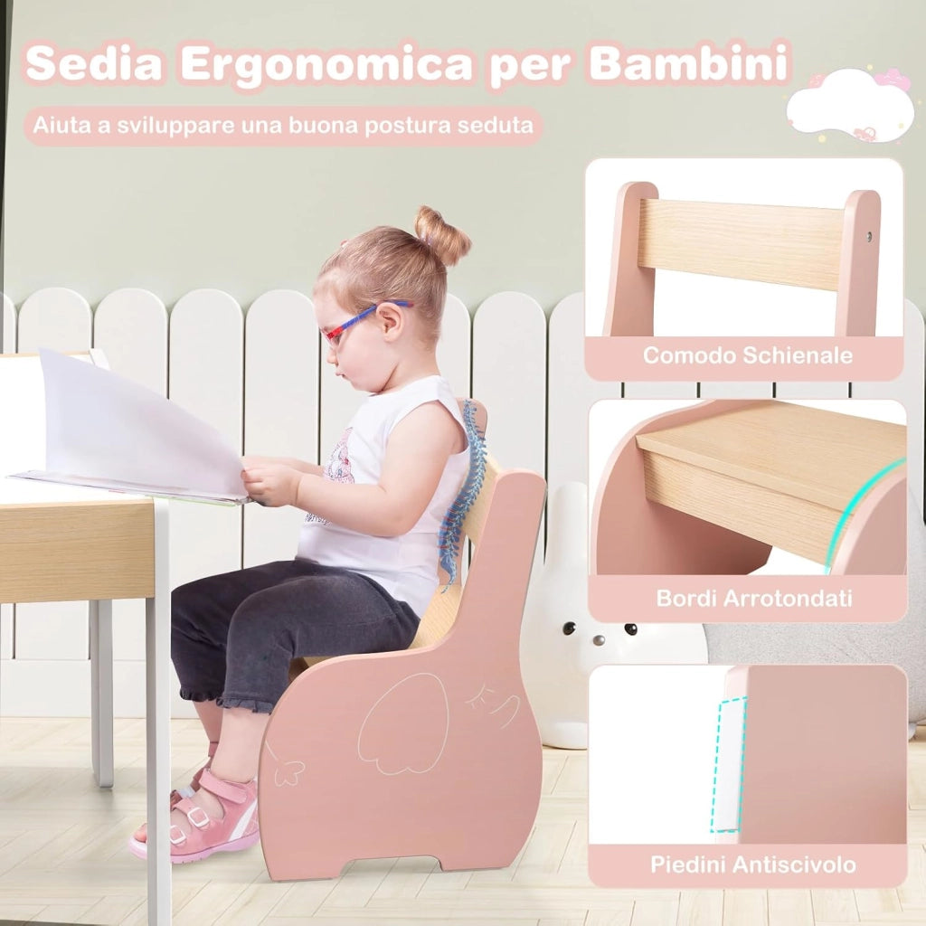 3 in 1 Set Tavolo e Sedie per Bambini, Tavolo da Attività per Bambini con 2 Sedie, Lavagna Rimovibile e Deposito, per Giocare, Disegnare e Leggere, in Legno (Rosa)