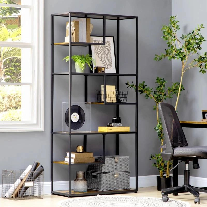 MOBILE LIBRERIA A 7 LIVELLI IN LEGNO E ACCIAIO STILE INDUSTRIALE, 83X34X180 CM, MARRONE
