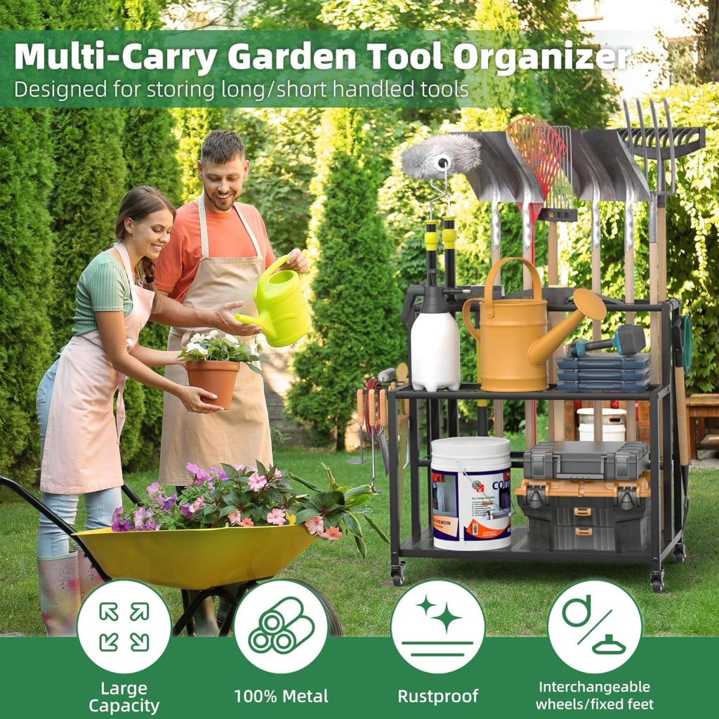 Portautensili da giardino resistente, 3 ripiani, con ruote universali bloccabili, porta attrezzi da giardino, porta attrezzi da per garage