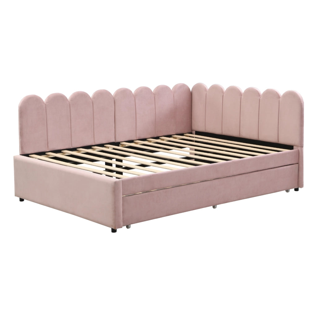 Letto imbottito angolare con letto estraibile 140x200 cm in velluto rosa