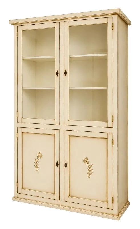 Vetrina 4 ante in legno shabby avorio anticato decorata 120x41x187 - Mobili 2G
