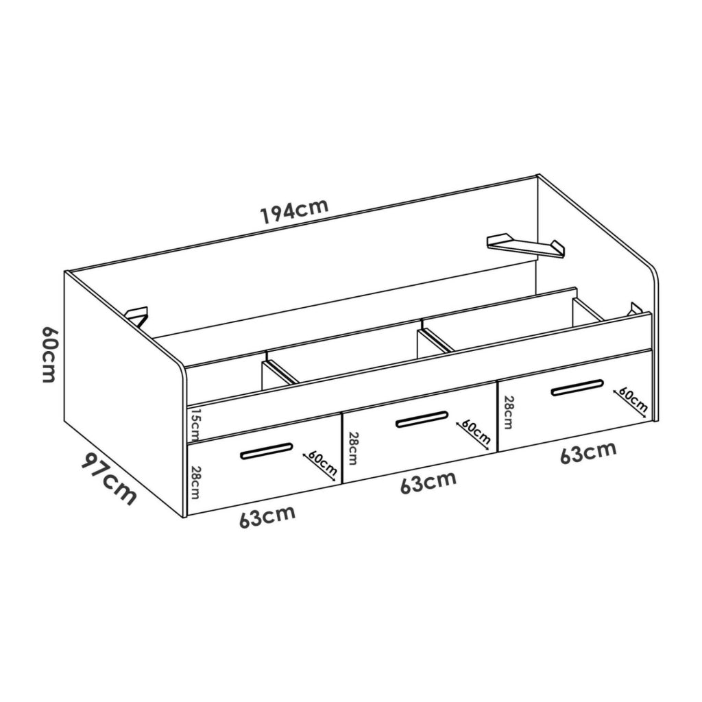 Letto per bambini Aco, Lettino contenitore per cameretta, Struttura per letto singolo con 3 cassettoni, 194x97h60 cm, Bianco