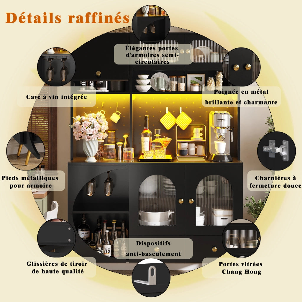 OKWISH Credenza alta da cucina con scaffali, 1 cassetto e vani aperti, LED, prese e porte USB, 120×40×176 cm