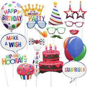 Set di accessori fotografici 18 pezzi - Torta di compleanno - Palloncino di compleanno - Bastone di bambù - Scatola di cartone duratura - Ideale per feste - Accessori per fotobooth