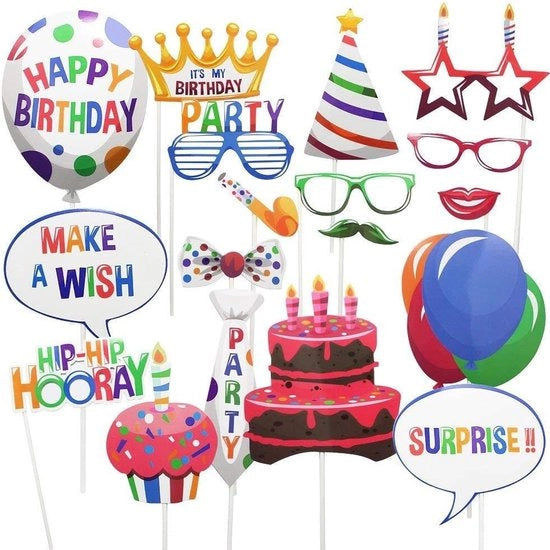 Set di accessori fotografici 18 pezzi - Torta di compleanno - Palloncino di compleanno - Bastone di bambù - Scatola di cartone duratura - Ideale per feste - Accessori per fotobooth