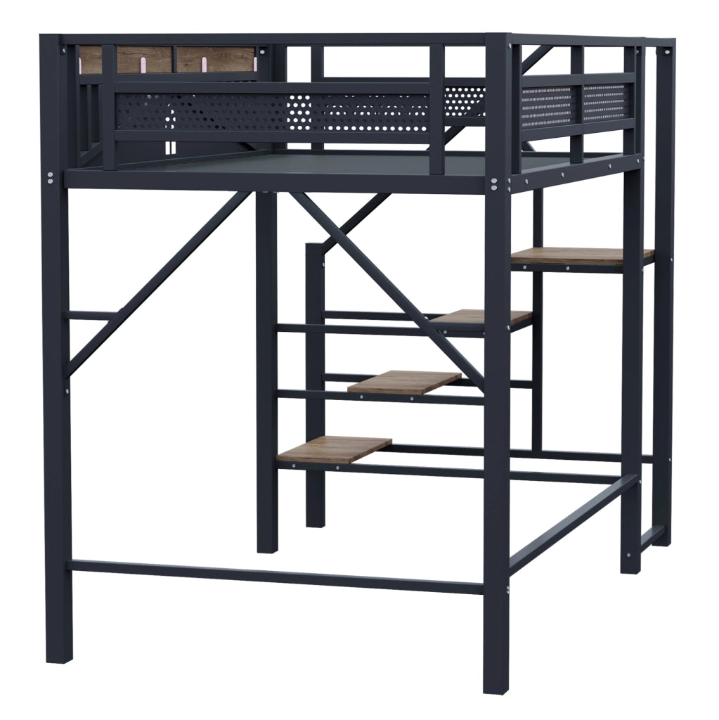 Letto a soppalco in metallo 140x200 cm con scala laterale e spazio contenitivo; nero