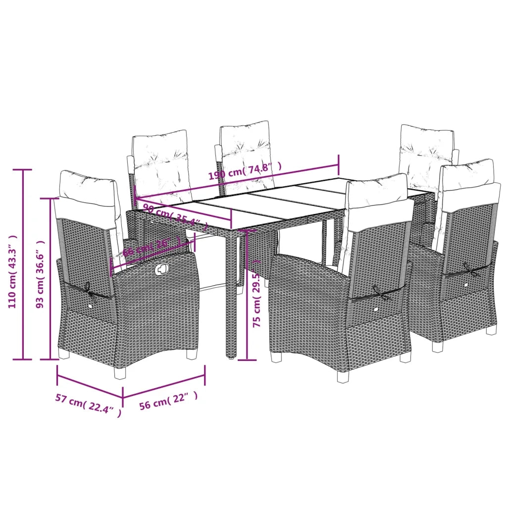 Set da Pranzo da Giardino 7 pz Nero con Cuscini in Polyrattan