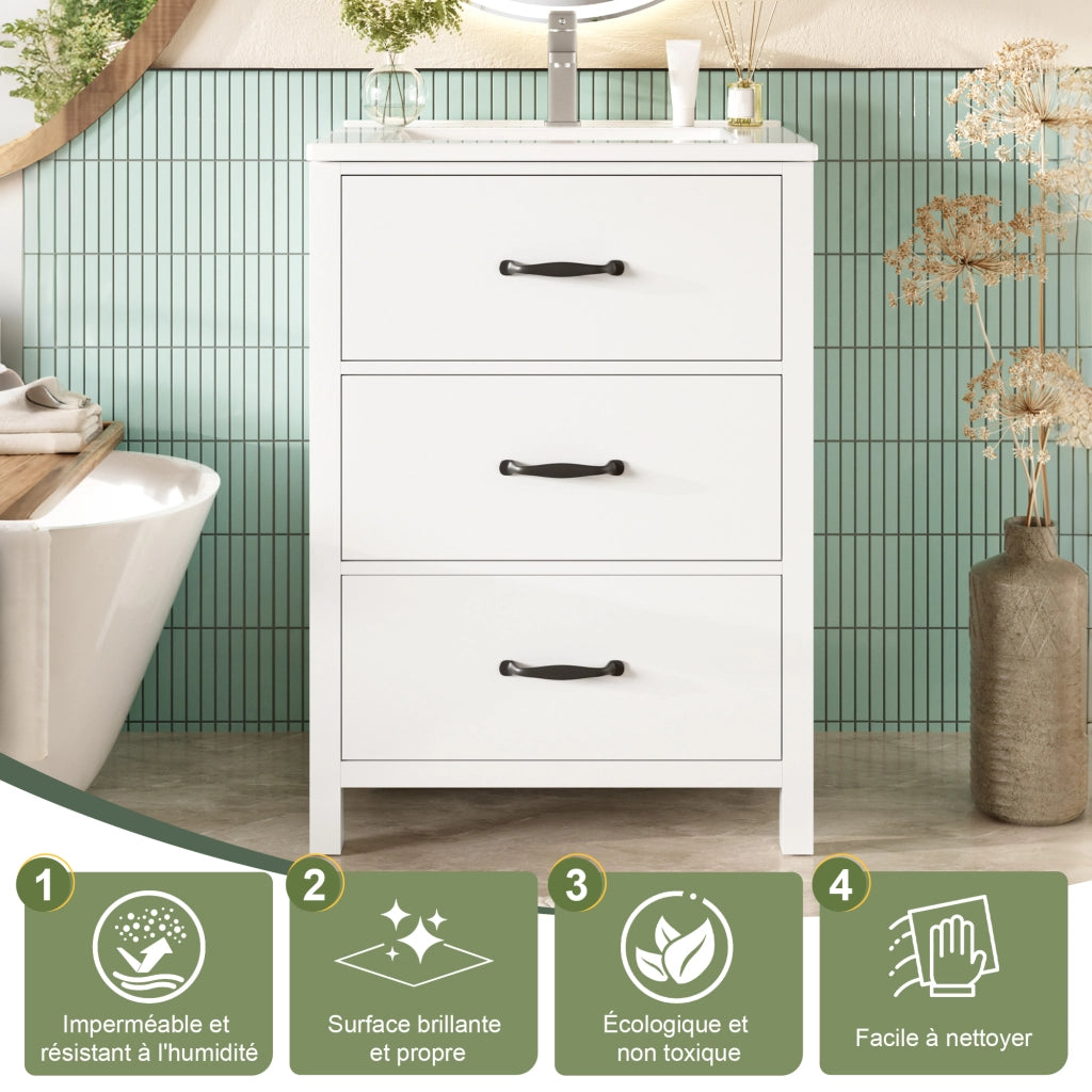 Mobile lavabo con 3 cassetti; lavabo in ceramica integrato; per bagno; bianco; 61 × 47 × 83 cm