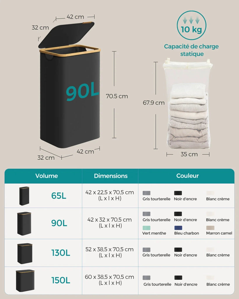Cesto portabiancheria sottile con coperchio 65 litri salvaspazio fodera in rete rimovibile tessuto Oxford manici in bambù pieghevole nero 12_0006719