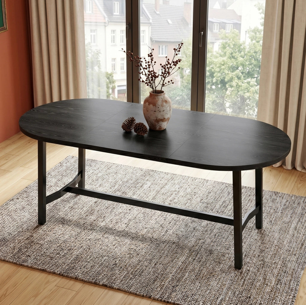 Tavolo da pranzo 180x80x75 cm per 6-8 persone; angoli arrotondati; MDF e ferro; nero
