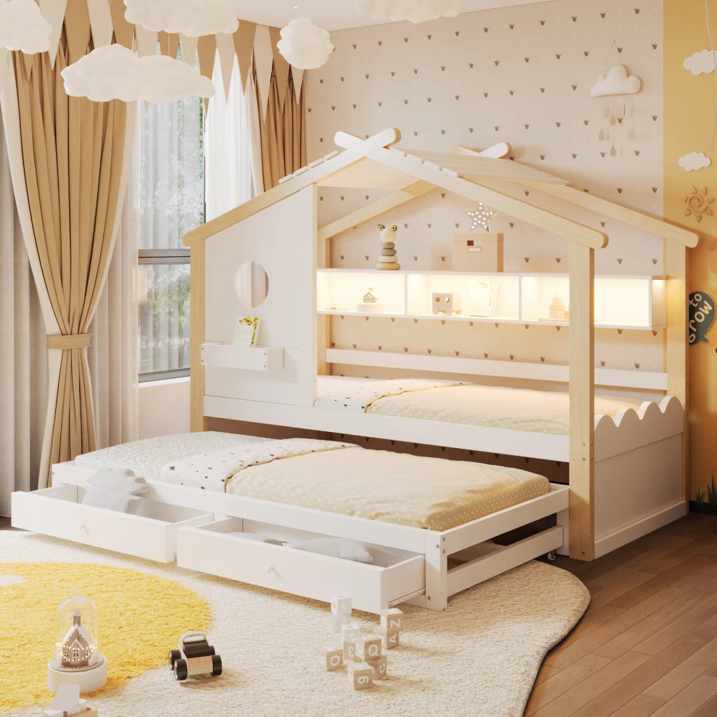 Letto Singolo per Bambini con Letto Estraibile ¨C MINIMAL ¨C Bianco, LED, USB, Cassetti, 90x200