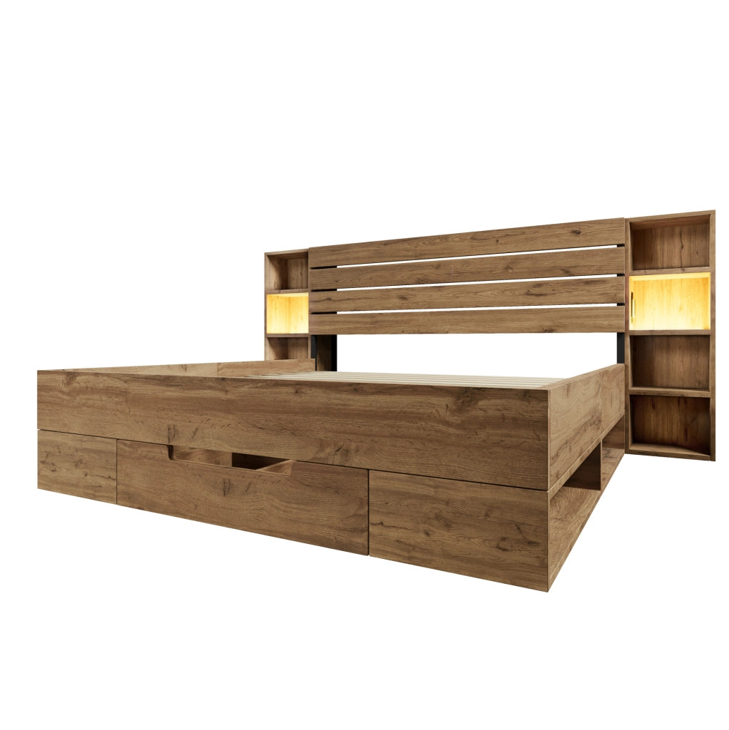 Letto matrimoniale 160x200 cm rovere con LED, USB-C, vano contenitore e cassetti