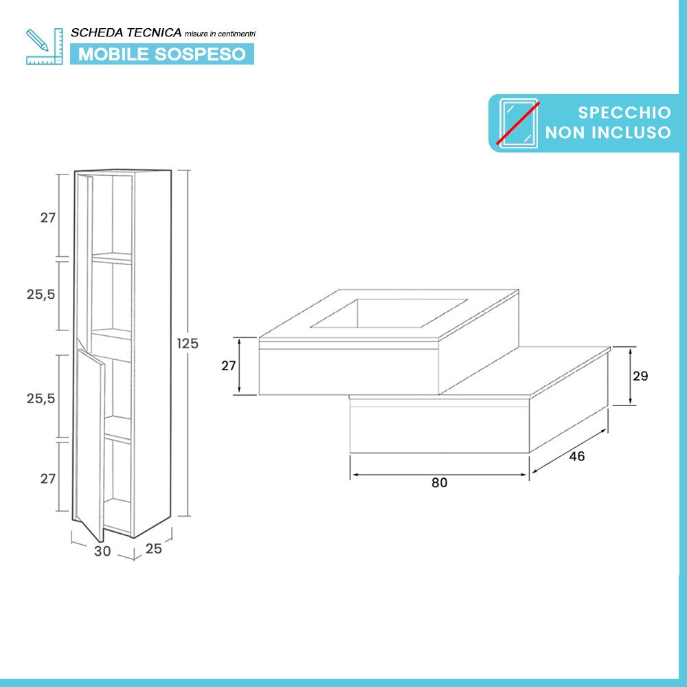 Mobile bagno sospeso 80 cm rovere naturale con lavabo e pensile Nadia