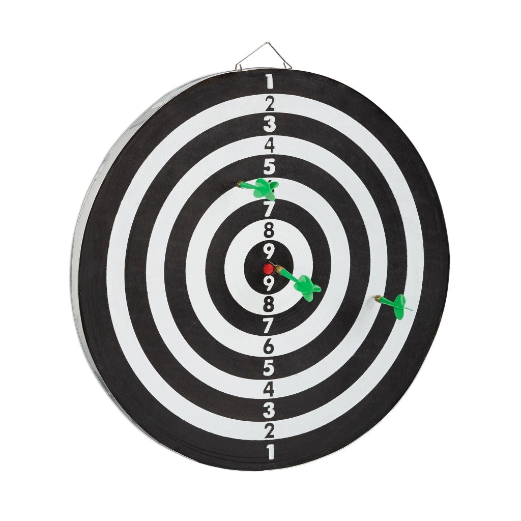 Bersaglio per freccette classico bifacciale 43 cm con 6 freccette in metallo per giochi da esterno in legno nero 13_0003610