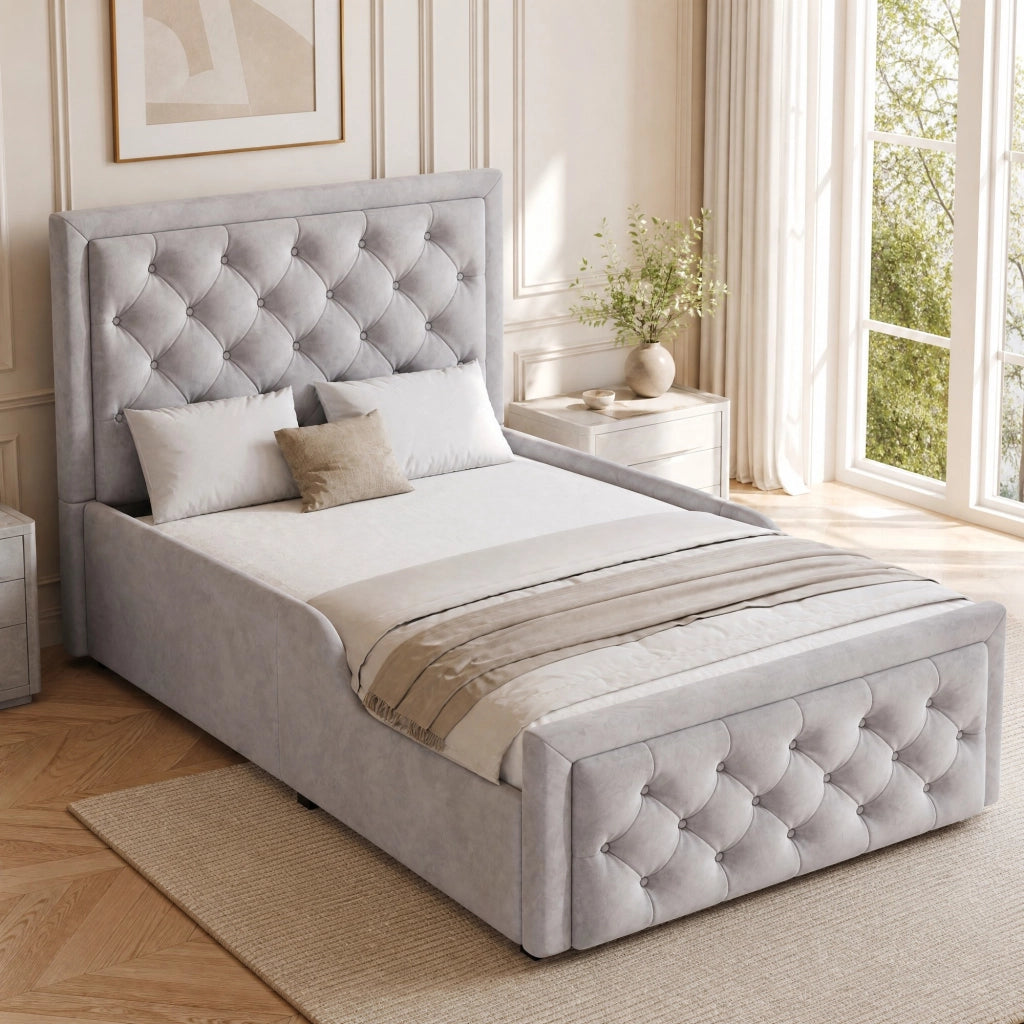 Letto per bambini imbottito 90x200 cm in velluto grigio con contenitore, rete a doghe e testiera trapuntata