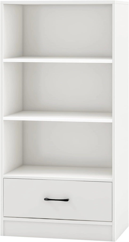 Scaffale con cassetto, scaffale libreria a 4 livelli con 3 scomparti aperti, scaffale da terra in legno per soggiorno, camera da letto, ufficio, nero (Bianco)