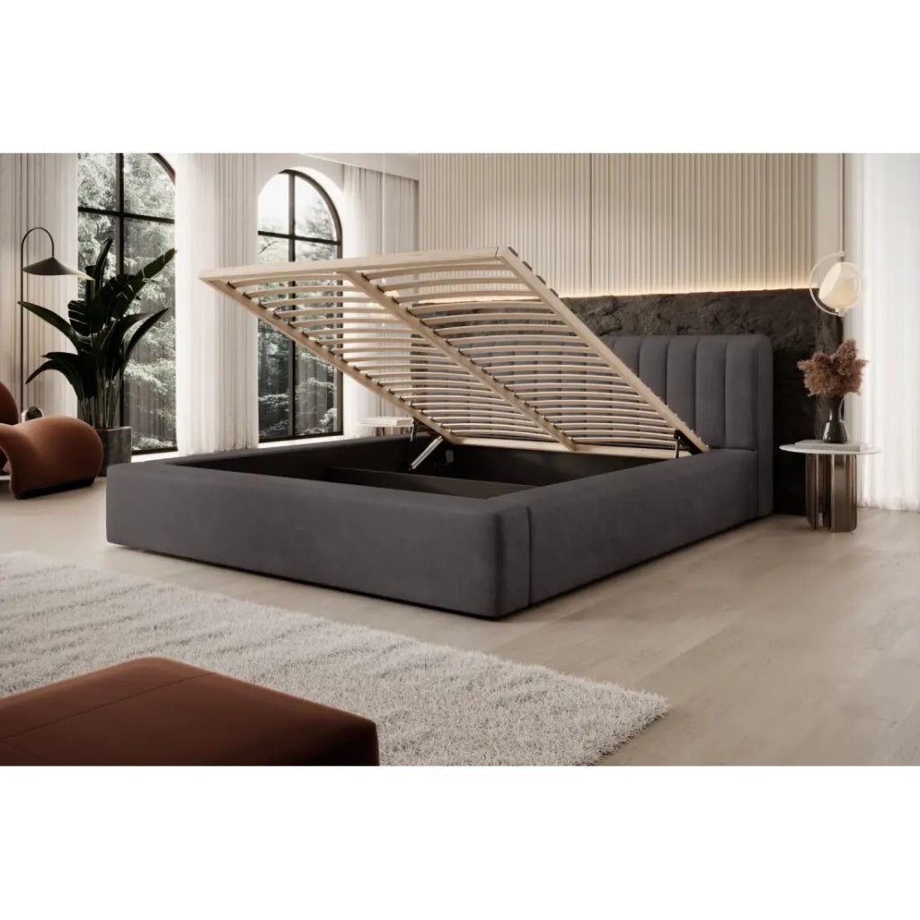 Letto contenitore CERVIN – Tessuto bouclé Sabbia nuvolata – 180x200 cm – Rete sollevabile – Design contemporaneo