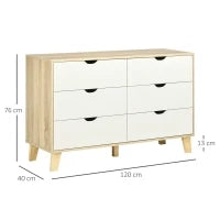 Cassettiera 6 Cassetti con Maniglie Intagliate in Legno, 120x40x76 cm, Bianco e Rovere