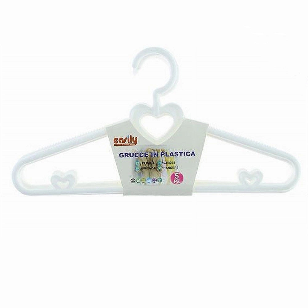 Trade Shop - Set 5pz Grucce Stampelle Con Cuori Appendiabiti In Plastica Bianca Vestiti 87677 -