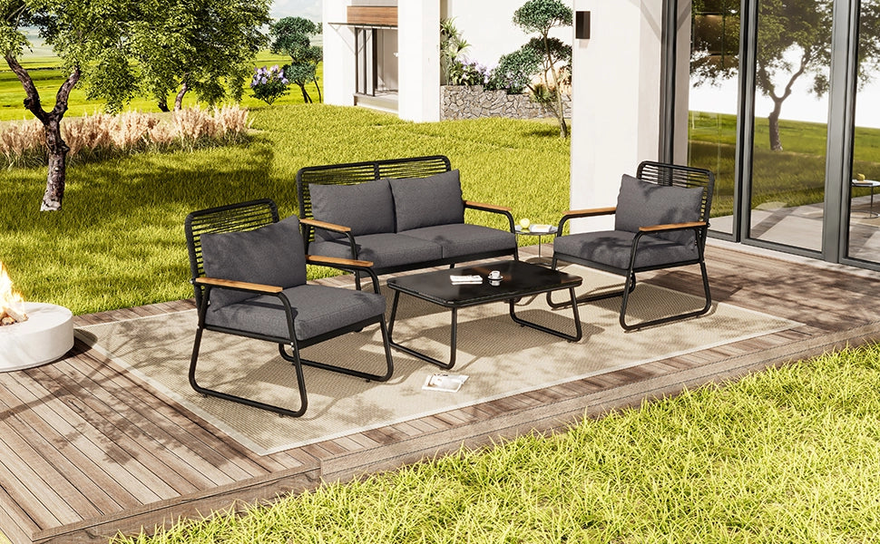 Set giardino: Divanooo + tavolo 4 persone; ferro zincato; tavolo vetro; piedini regolabili; cuscini; nero