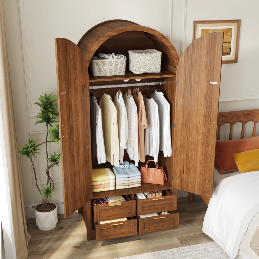 Armadio con ante curve in rattan e cassetto, asta appendiabiti, per camera da letto e ingresso, MDF, noce, 80 × 50 × 179 cm