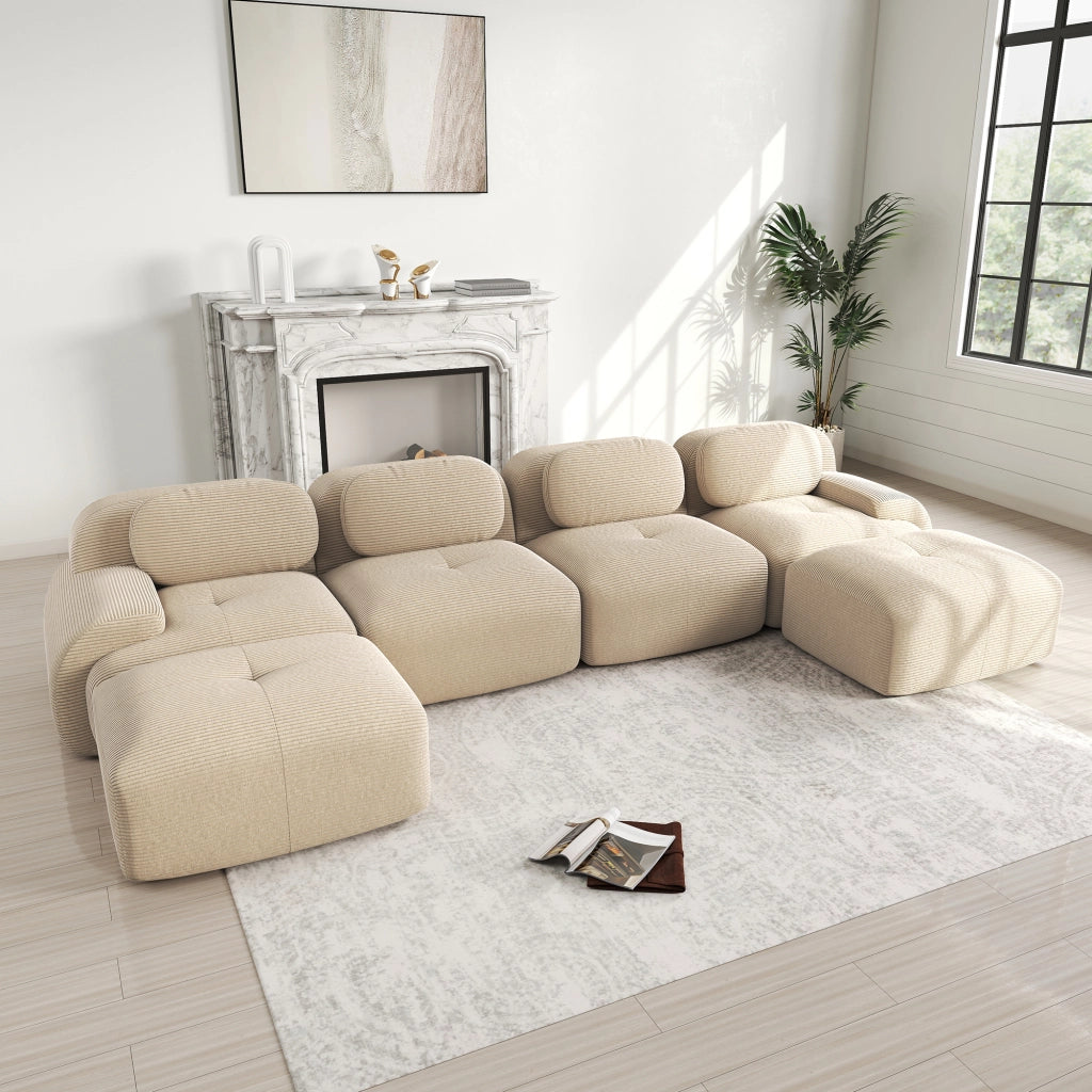 divano angolare modulare senza montaggio con design ergonomico e base antiscivolo in velluto a coste beige
