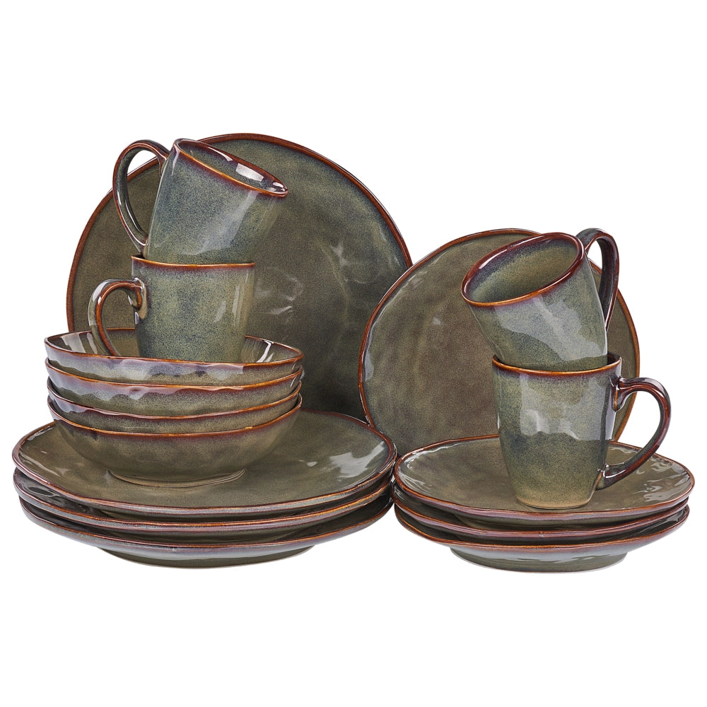 Set di 16 pezzi di gres verde scuro con finitura a smalto reattivo Servizio per 4 persone Struttura in pietra Cucina Sala da pranzo