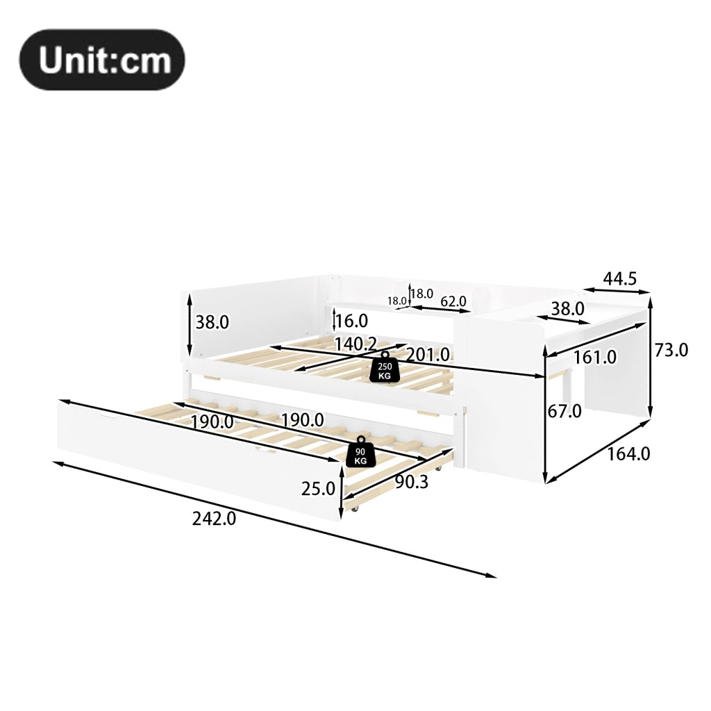 OKWISH Letto combinato 140×200 cm, Letto Matrimoniale con Scrivania, Letto estraibile 90×190 cm, Mensole e Comodino, senza Materasso, Bianco