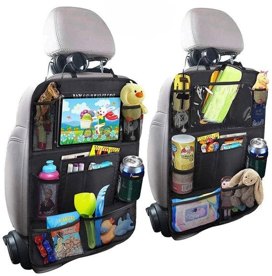Organizzatori per sedili auto 2x. Organizzatore per sedile auto per bambini. Protezione per sedile auto per bambini con 10 contenitori per tablet 12", bottiglie, libri e giocattoli. Accessori impermeabili per l'abitacolo dell'auto.