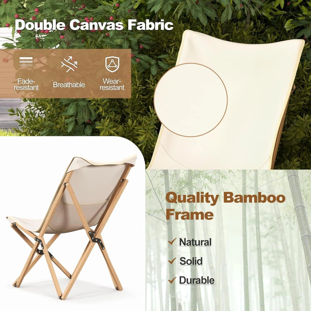 Set 2 Sedie Da Tavolo a Farfalla Pieghevoli, Sedia in Bambù da Esterno Giardino/Terrazza, 72,5x57x90,5cm, Beige