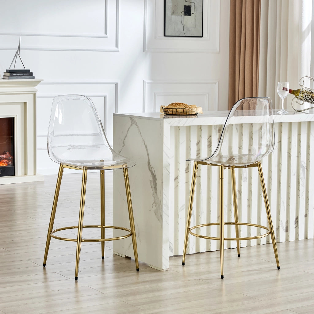 Sgabello da bar trasparente 2 pezzi con schienale ergonomico e seduta 66 cm, gambe in metallo oro, plastica trasparente